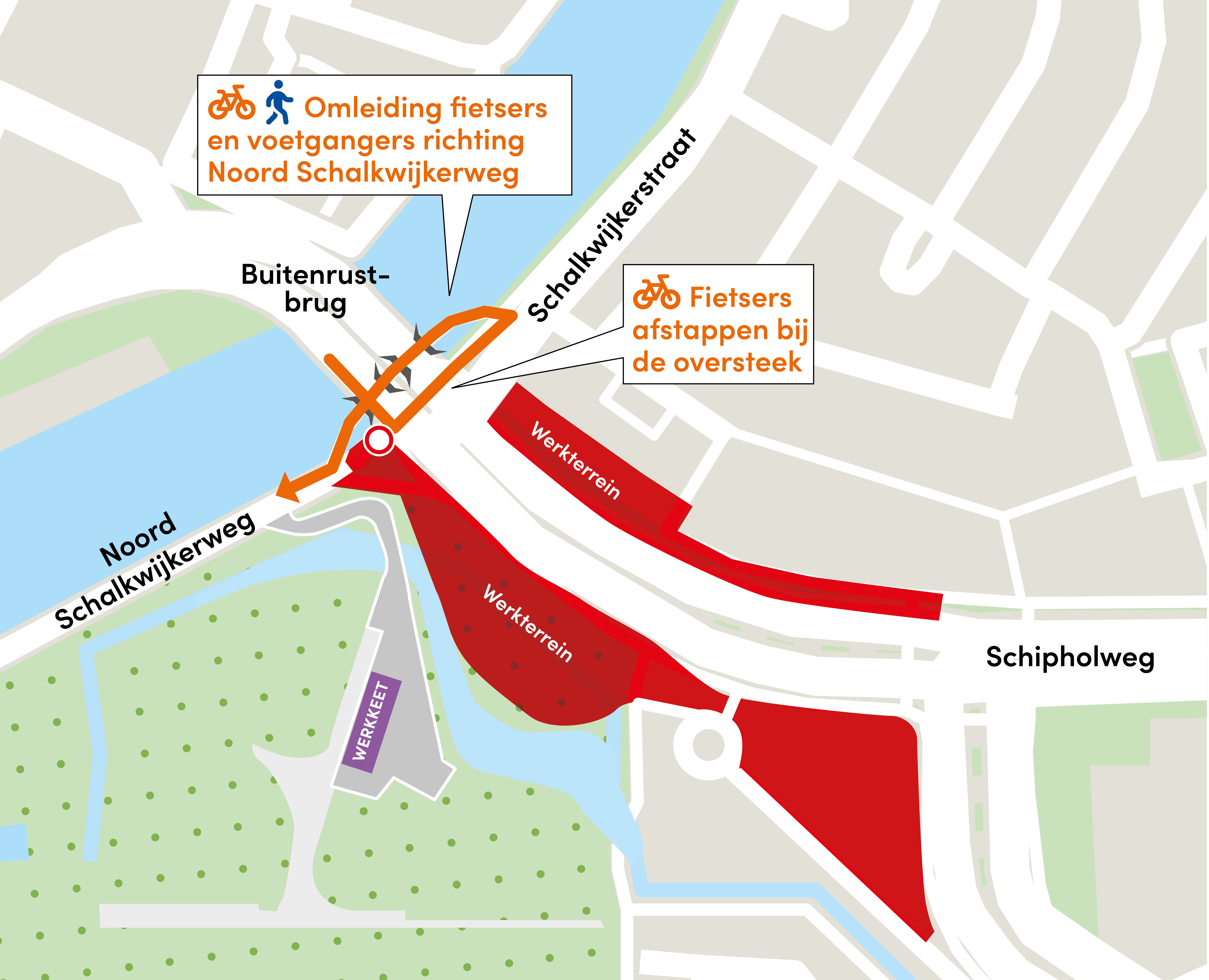 de tijdelijke afsluiting en de omleiding via de voetgangersoversteek en de route onder de brug door