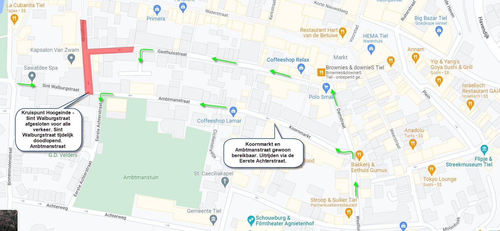 Kruispunt Hoogeinde - Ambtmanstraat afgesloten voor alle verkeer. Dit is aangegeven op de afbeelding.