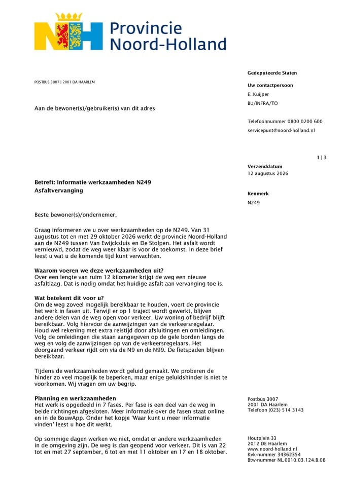 Bewonersbrief N249 augustus 2026