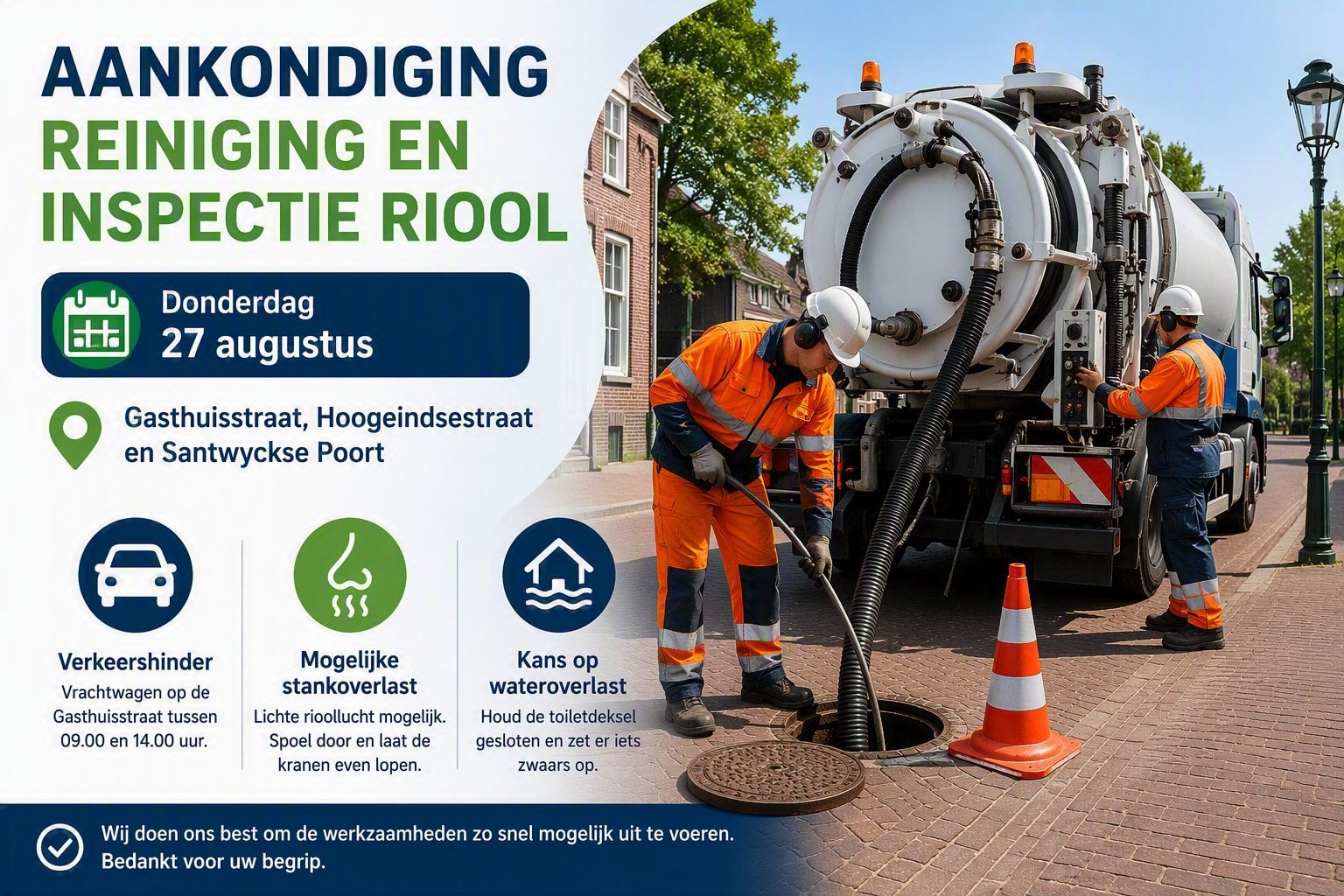 Op de afbeelding staat dezelfde informatie als in het tekstbericht. Aankondiging van de rioolreiniging en inspectie.