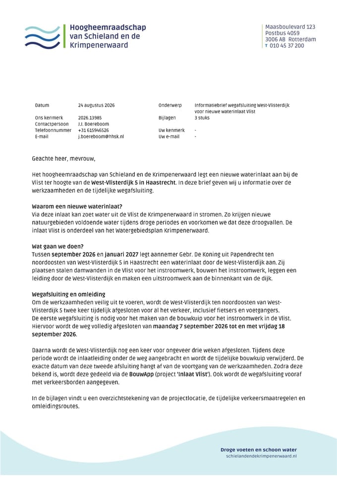 Informatiebrief met visualisaties van de projectlocatie, wegafsluiting en omleidingsroutes in de bijlagen