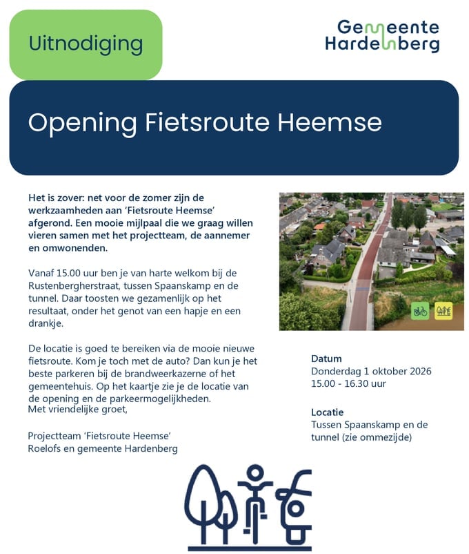 Uitnodiging voor de opening van Fietsroute Heemse. De tent staat op donderdag 1 oktober tussen 15.00 uur en 16.30 naast de tunnel (tussen Spaanskamp en de fietstunnel Haardijk).
