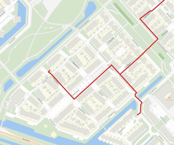 Rode lijn is de graafroute