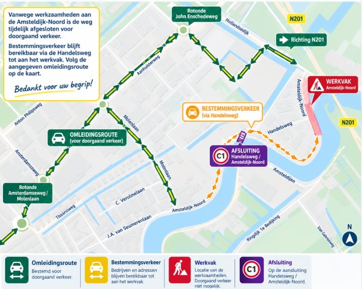 Rood--> werkvak
Groen --> Omleidingsroute
Oranje --> Bestemmingsverkeer